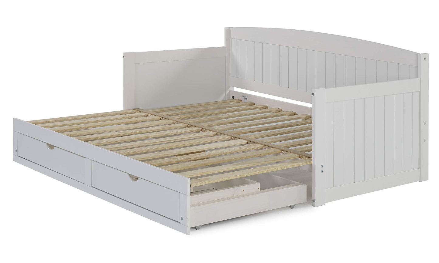 Alaterre Furniture Harmony Twin to King Daybed with Pop Up Trundle Bed - Solid Wood Twin Day Bed with 2 Pull-Out Storage Drawers and 400lb Capacity - For Kids, Guest Room, Living Room (White)