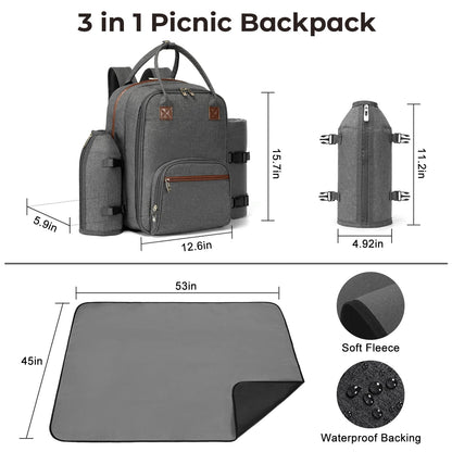ALLCAMP Picnic Backpack - Insulated Cooler Bag with Compartment, Detachable Wine Glass Holder, Throw Blanket & Cutlery Set, 2 Person Picnic Set for Family Outings, Couple Gifts (Gray)