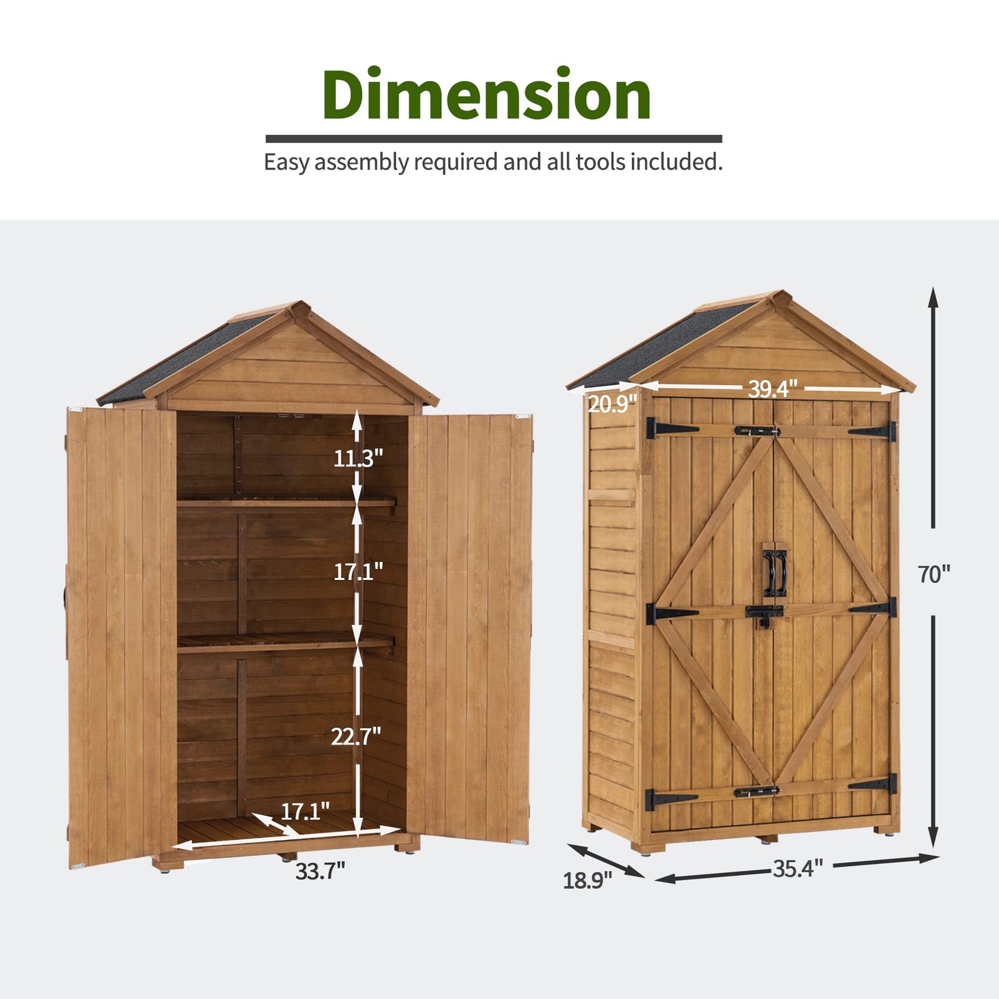 MCombo Outdoor Storage Cabinet with 2 Shelves, Outside Storage Shed with Floor, Wooden Garden Tool Shed with Latch for Yard Deck Lawn, 1000
