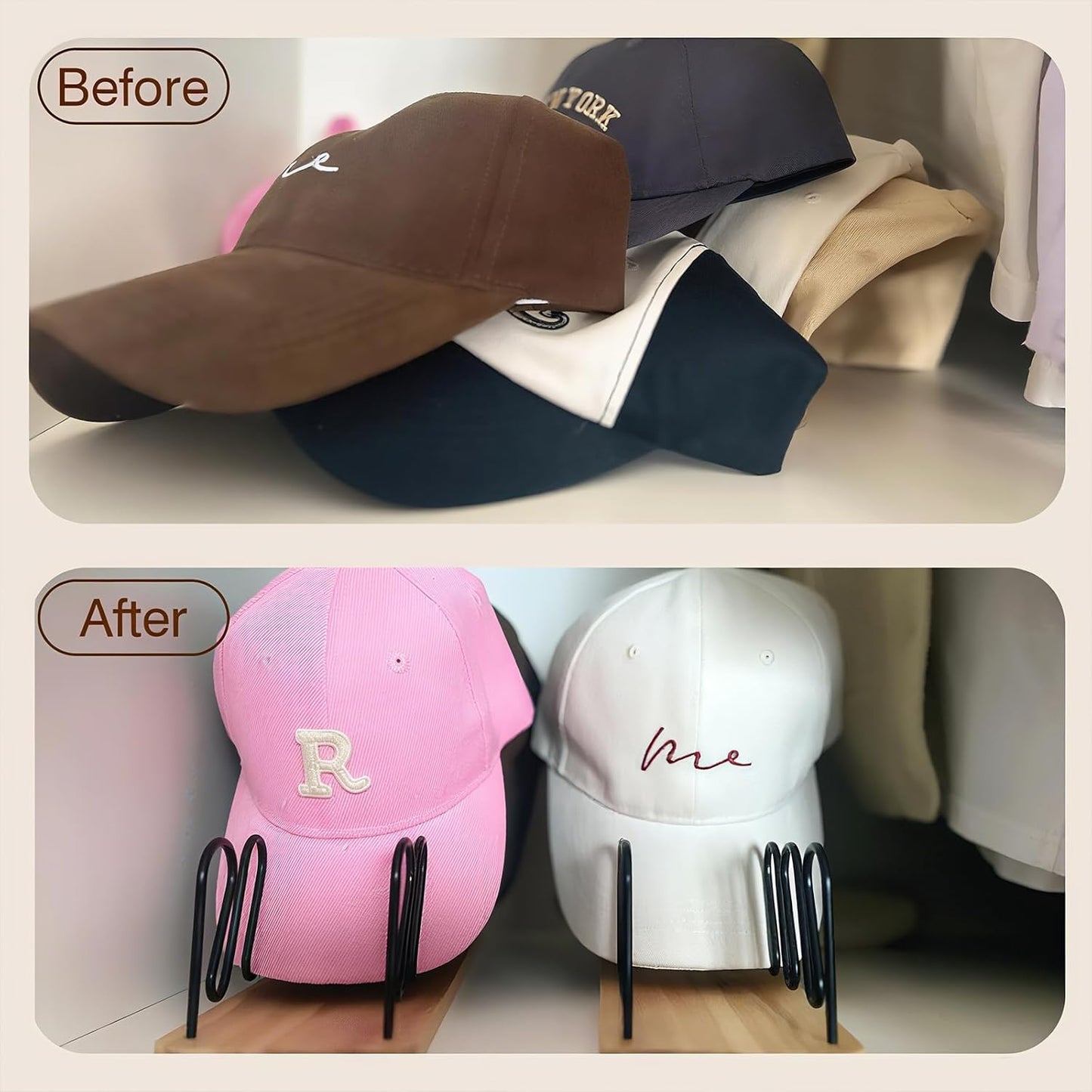 UdoUto Hat Organizer - Space-Saving Wood & Metal Rack Holds 14 Baseball Caps | 2-Pack for Closet & Entryway