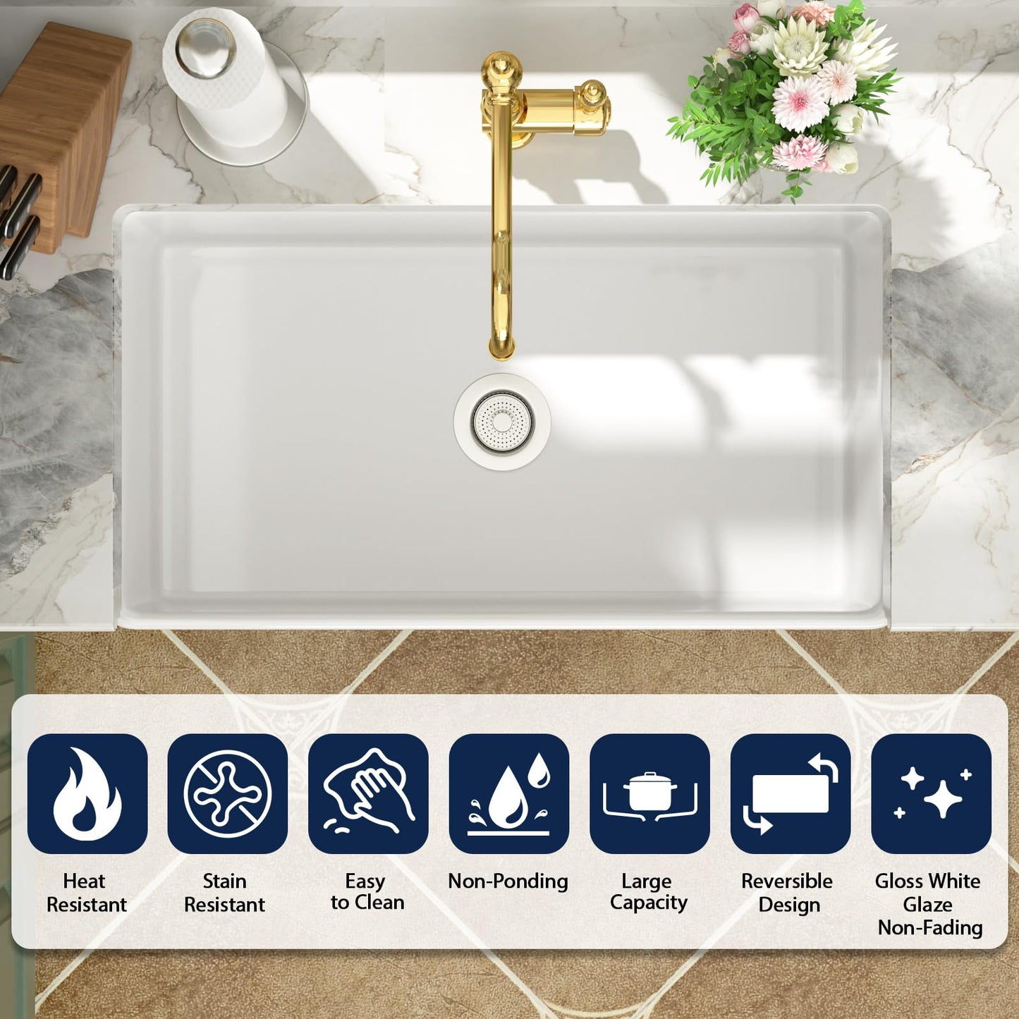 Logmey 33 In White Fireclay Farmhouse Sink with Pop-up Drain & Reversible Design 33x18x10 Durable Ceramic Apron Front Sinks,Easy to Clean,Scratch & Heat Resistant,Ideal for Traditional & Country Style