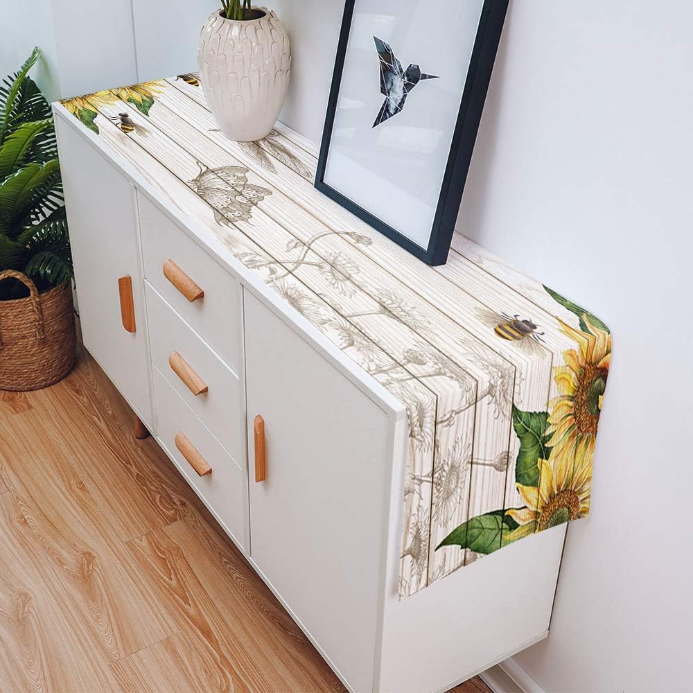 Summer Table Runner - Sunflower with Bees Wood Background, 13"X90" Farmhouse Style for Dining Room, Kitchen, Holiday