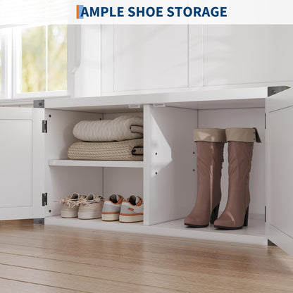 Garvee Farmhouse Hall Tree with Bench and Shoe Storage, 77" Tall Entryway Hall Tree w/ 5 Tri-Hooks Coat Rack, Mudroom Rack w/Bench & Door, Adjustable Shelf, 2 Top Cubbies Storage, Space Saving, White