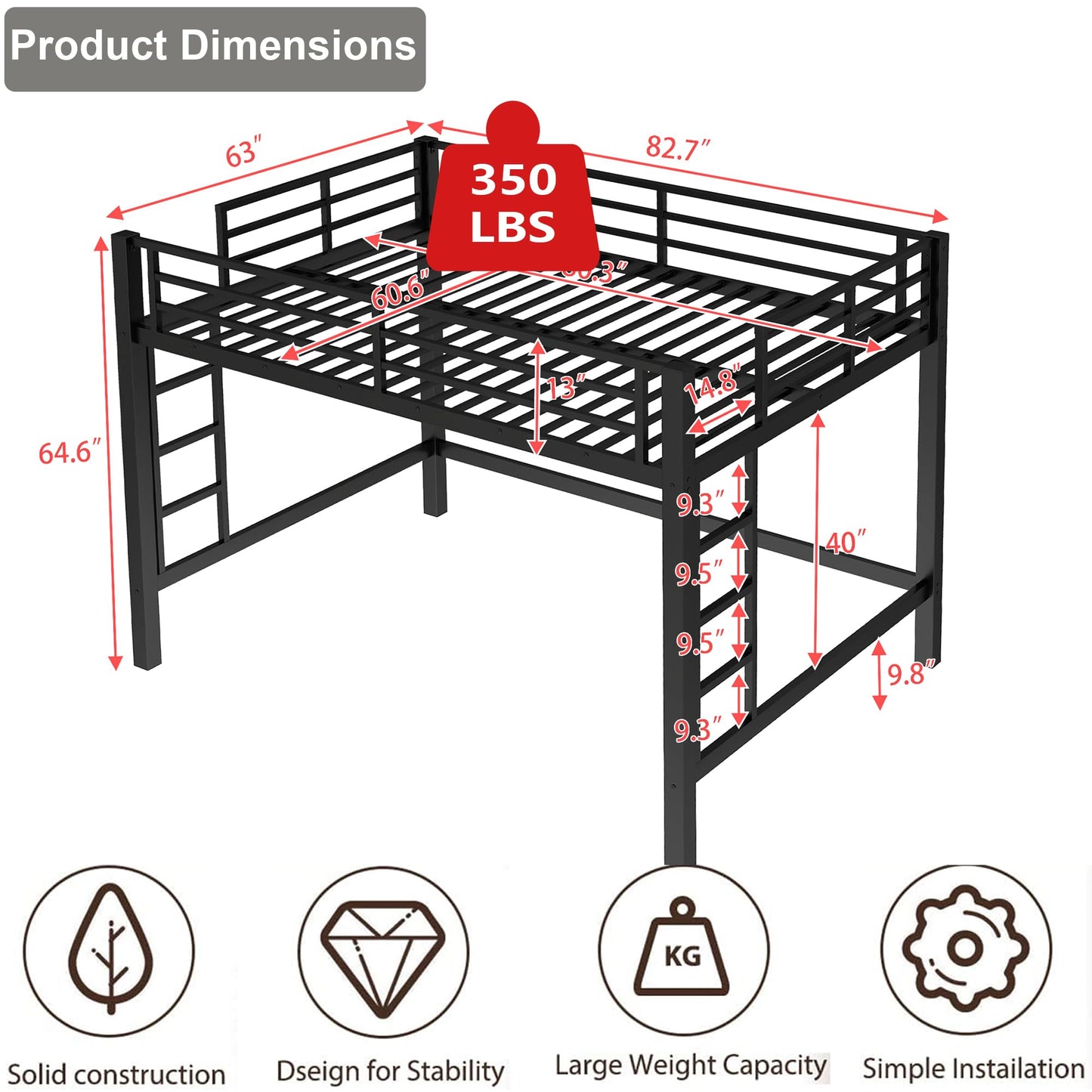 Metal Queen Size Loft Bed,Heavy Duty Loft Bed Frame Queen Size with 2 Ladders and Full Length Guardrails for Kids, Teens, Adults, Noise-Reducing,Space-Saving,Black