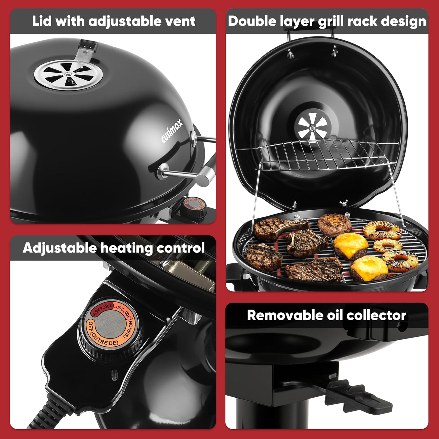 Electric Grill, CUSIMAX Electric Indoor/Outdoor Grill, 1600W Portable BBQ with Lid for Indoor & Outdoor Use, Adjustable Heat, Removable Stand Grill for Cookouts, BBQ Gatherings, Small Spaces