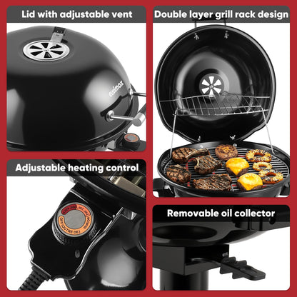 Electric Grill Outdoor, CUSIMAX Electric BBQ Grill, 1600W Portable BBQ with Lid for Cookouts, BBQ Gatherings, Small Spaces, Adjustable Heat, Removable Stand Grill, Oil Collector