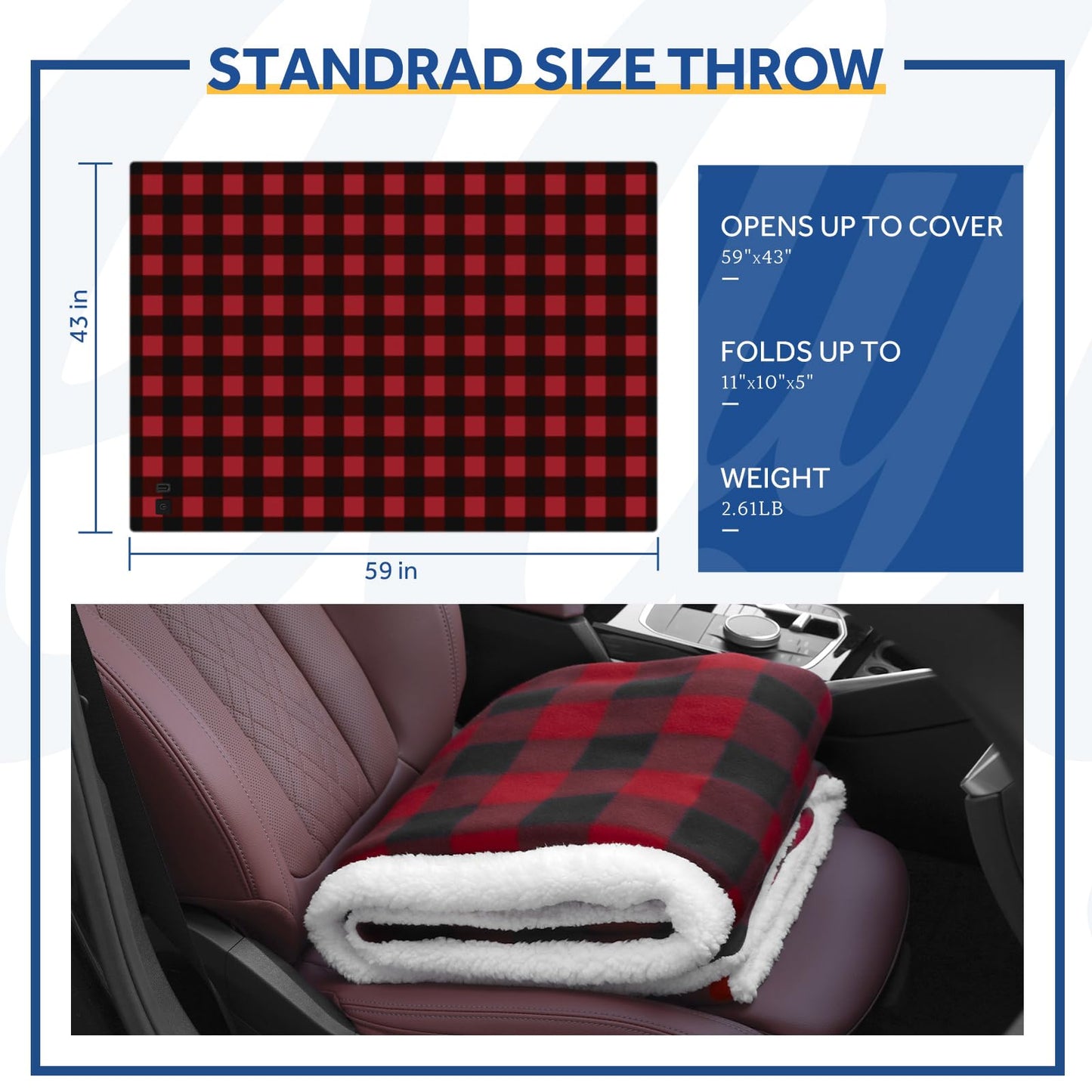 Sealy 12-Volt Heated Car Blanket, Portable Electric Blanket with 3 Heating Levels & 4 Hours Auto Off for Car, Truck, SUV, RV or Camping, Machine Washable, 59" X 43", Charcoal