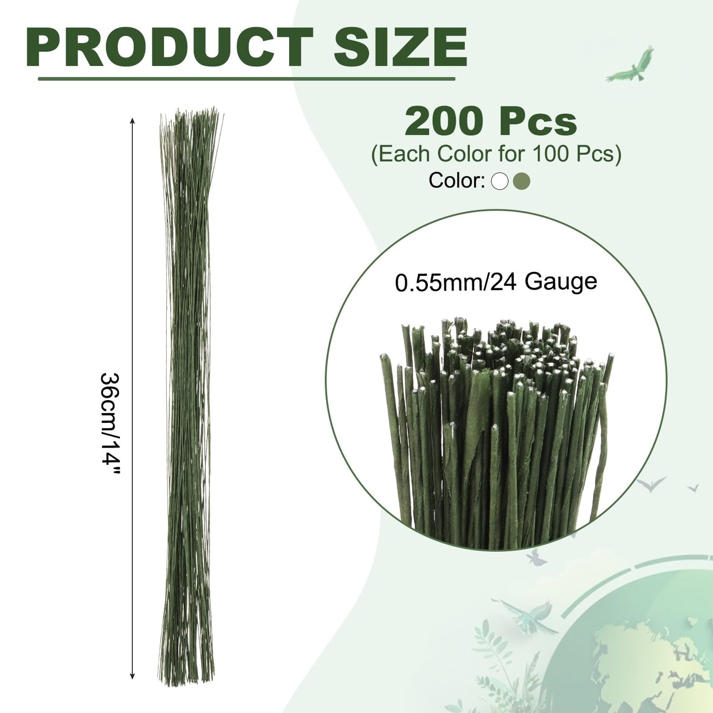 PATIKIL 200 Pcs 24 Gauge Floral Wire, 14 Inch Floral Stem Flower Paper Wrapped Wires for Flowers Crafts Bouquet Arrangement Supplies Wreath DIY Projects, White/Dark Green