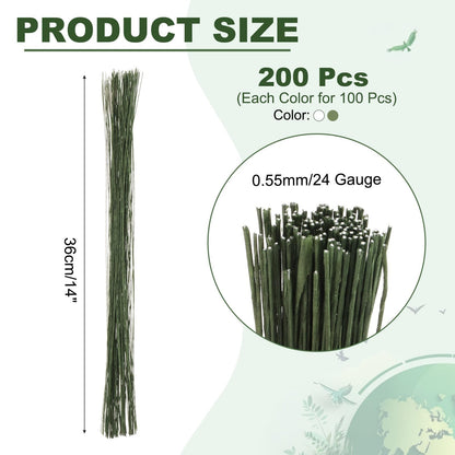 PATIKIL 200 Pcs 24 Gauge Floral Wire, 14 Inch Floral Stem Flower Paper Wrapped Wires for Flowers Crafts Bouquet Arrangement Supplies Wreath DIY Projects, White/Dark Green
