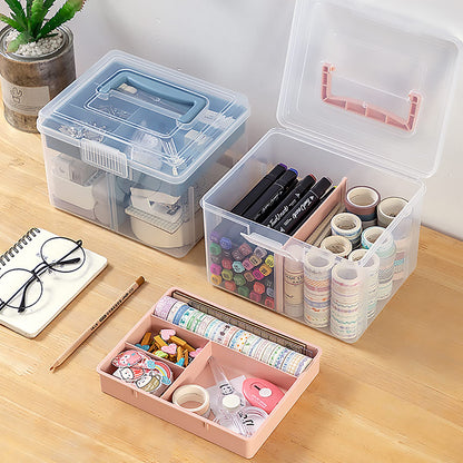 FOREVERIE Small Portable Plastic Storage Box for Beauty Ornaments Hair Nail Accessories, Cosmetic Case with Handle & Removable Tray & a Divider, Sewing Box Organizer, Kids Art Box (Clear & Pink)