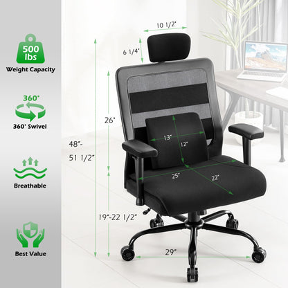 WUDOYO Extra Wide Seat Office Chair for Big and Tall 500lbs, with High Back Adjustable Headrest Lumbar Support Arms Wheels Heavy Duty (Breathable Fabric Seat)