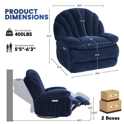 EONIX Dual Motor Power Swivel Rocking Recliner Chair for Living Room, Armless Oversized Shell Shape Lazy Boy Rocker Recliner, Plush Fabric Thickened Cushion, Elevated Soft and Comfort, Navy Blue