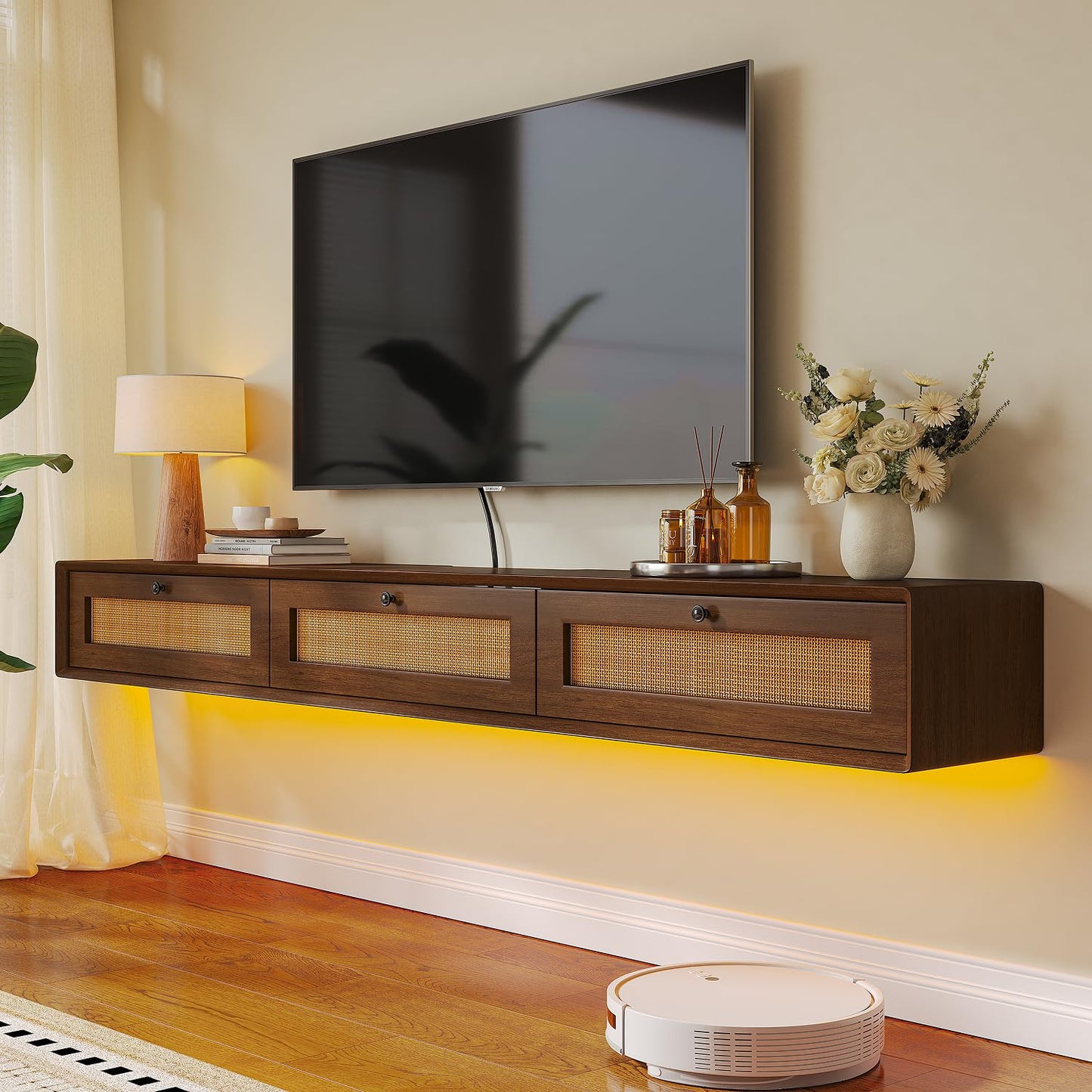 FurniNova 70'' Floating TV Stand with Rattan Doors, Wall Mount TV Console Cabinet, Fully Assembled Floating Entertainment Center, Matte Finish, Plywood Media Cabinet for Living Room