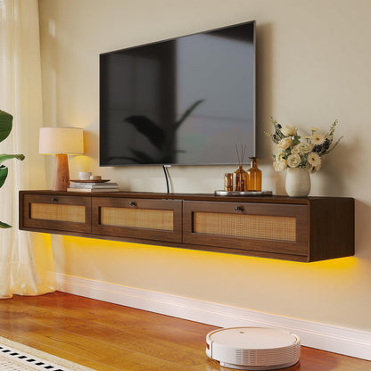 FurniNova 70'' Floating TV Stand with Rattan Doors, Wall Mount TV Console Cabinet, Fully Assembled Floating Entertainment Center, Matte Finish, Plywood Media Cabinet for Living Room