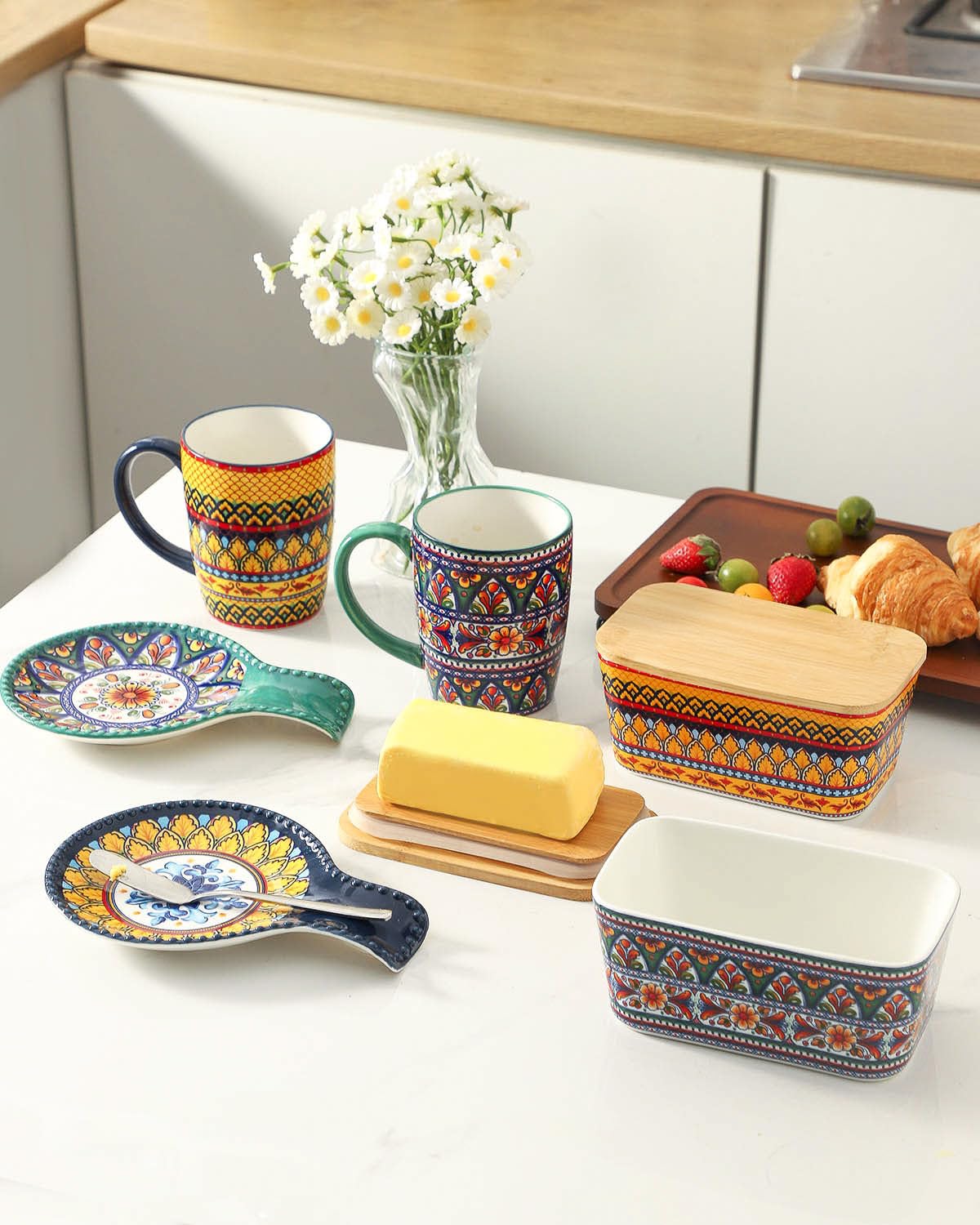 JINGUS Butter Dish, Large Ceramic Bohemian Butter Dish with Lid for Countertop, Airtight Butter Container Holder Keeper Box Storage with Bamboo Cover and Silicone Ring for East West Coast