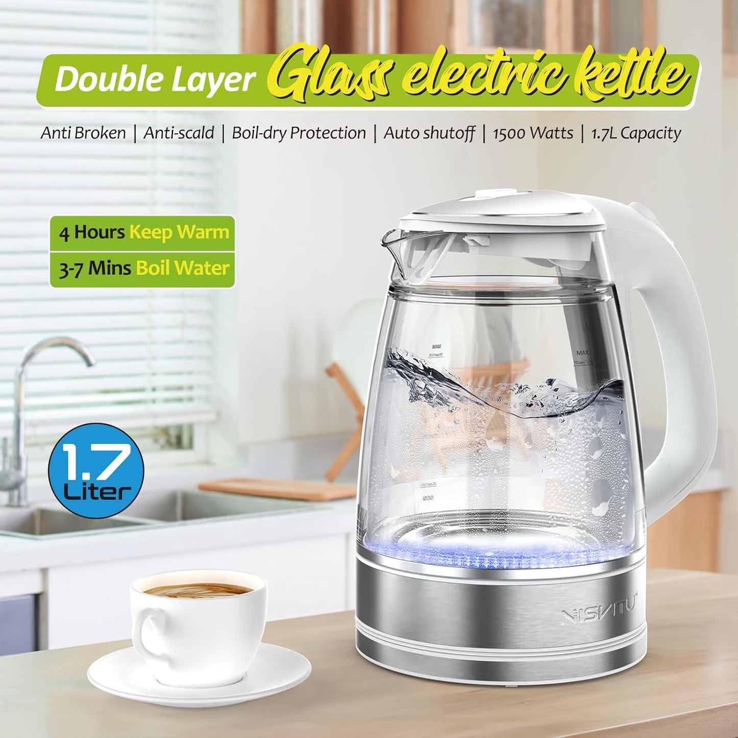 1500W, 1.7L, NISVITU Glass & Stainless Steel Cordless Electric kettle for boiling water, Hot water boiler Electric Tea