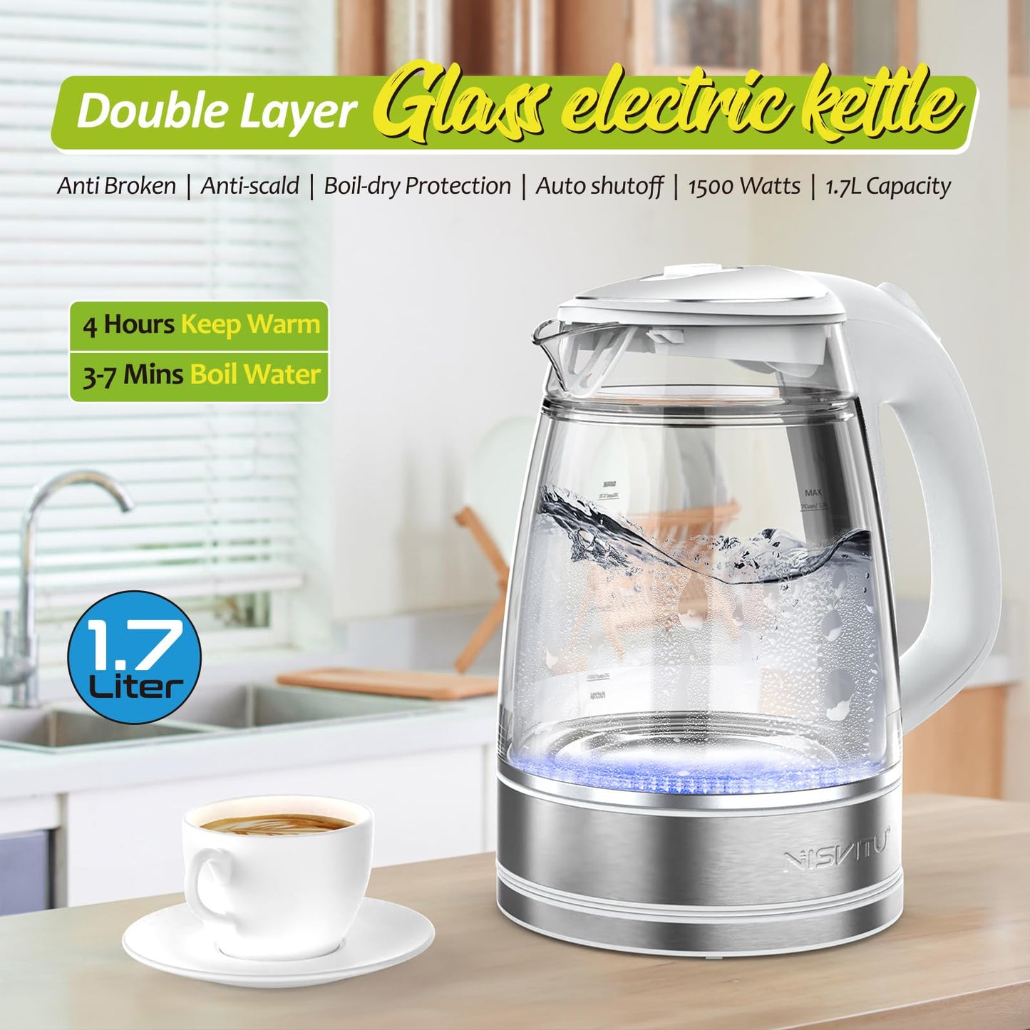 NISVITU 1.7L Dual Wall Cool Touch Electric Kettle, BPA-Free Borosilicate Glass Inner, PC Outer, 1500W Fast Boil Cordless Hot Water Boiler & Electric Tea Kettle, Keep Warm, Auto Shut-Off, White