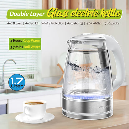 NISVITU 1.7L Dual Wall Cool Touch Electric Kettle, BPA-Free Borosilicate Glass Inner, PC Outer, 1500W Fast Boil Cordless Hot Water Boiler & Electric Tea Kettle, Keep Warm, Auto Shut-Off, White
