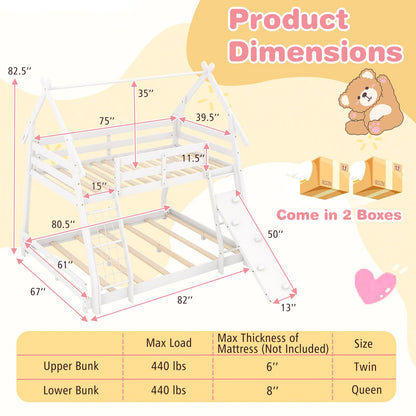 Giantex Twin Over Queen Bunk Bed, Wood House Bunk Bed for Kids with Climbing Nets and Ramp, Floor Queen Size Bunk Beds with Safety Guardrail, No Box Spring Needed, for Boys Girls Adults (White)