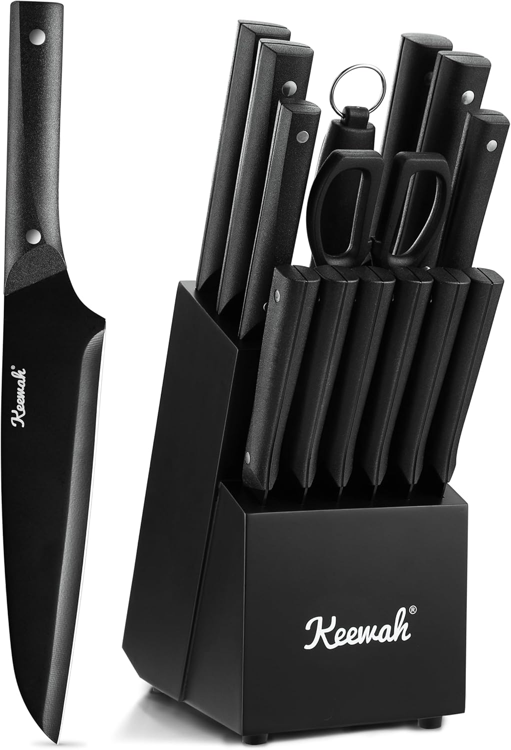 Keewah Knife Set, 15 Piece Kitchen Knives Set with Block, Black