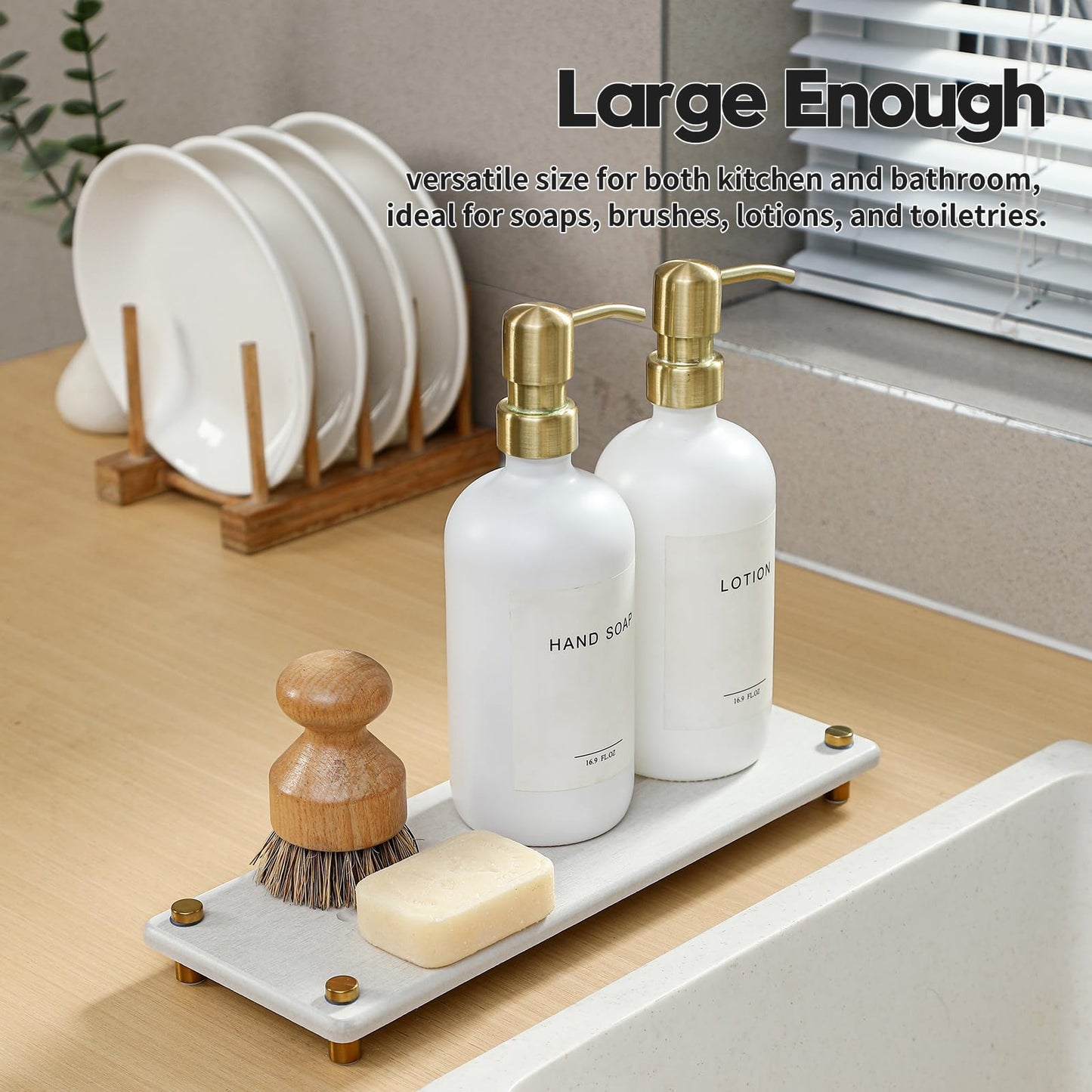 Razborci Water Absorbing Stone Sink Caddy Kitchen Sink Organizer Tray, Diatomite Bathroom Counter Tray, Gold Faucet Drying Mat Coaster Soap Dish Rack Riser Dispenser Sponge Holder, Beige 12.5" x 4.5"