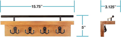 Mail and Key Holder for Wall, Decorative Wooden Shelf with Hooks, Wall Mounted Coat Rack (Light Brown)