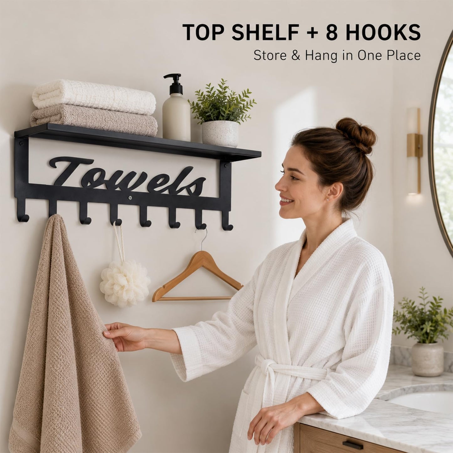 Towel Rack with Shelf for Bathroom - Metal Towels Rack Hanger, Space Saving Towel Holder Rack, Wall Mounted, 8 Hooks, Towel Organizer for Coat Robe Bathrobe in Home Pool Bedroom Beach Living Room