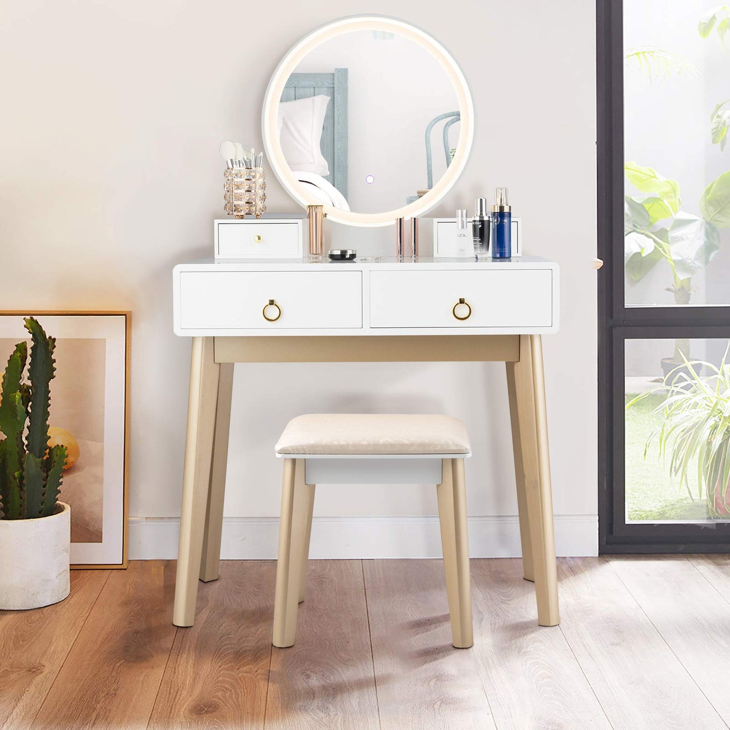 FANTASK Vanity Table Set, LED Lighted Makeup Table w/ 3 Color Round Lighting Mirror Touch Screen 4 Drawers, Makeup Dressing Table w/Cushioned Stool for Bedroom (White)