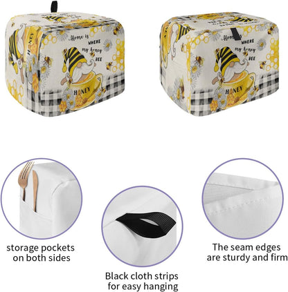 Honey Gnomes Toaster Cover, 4 Slice, Spring Floral Yellow Summer Bee Black Plaid, Dust Cover