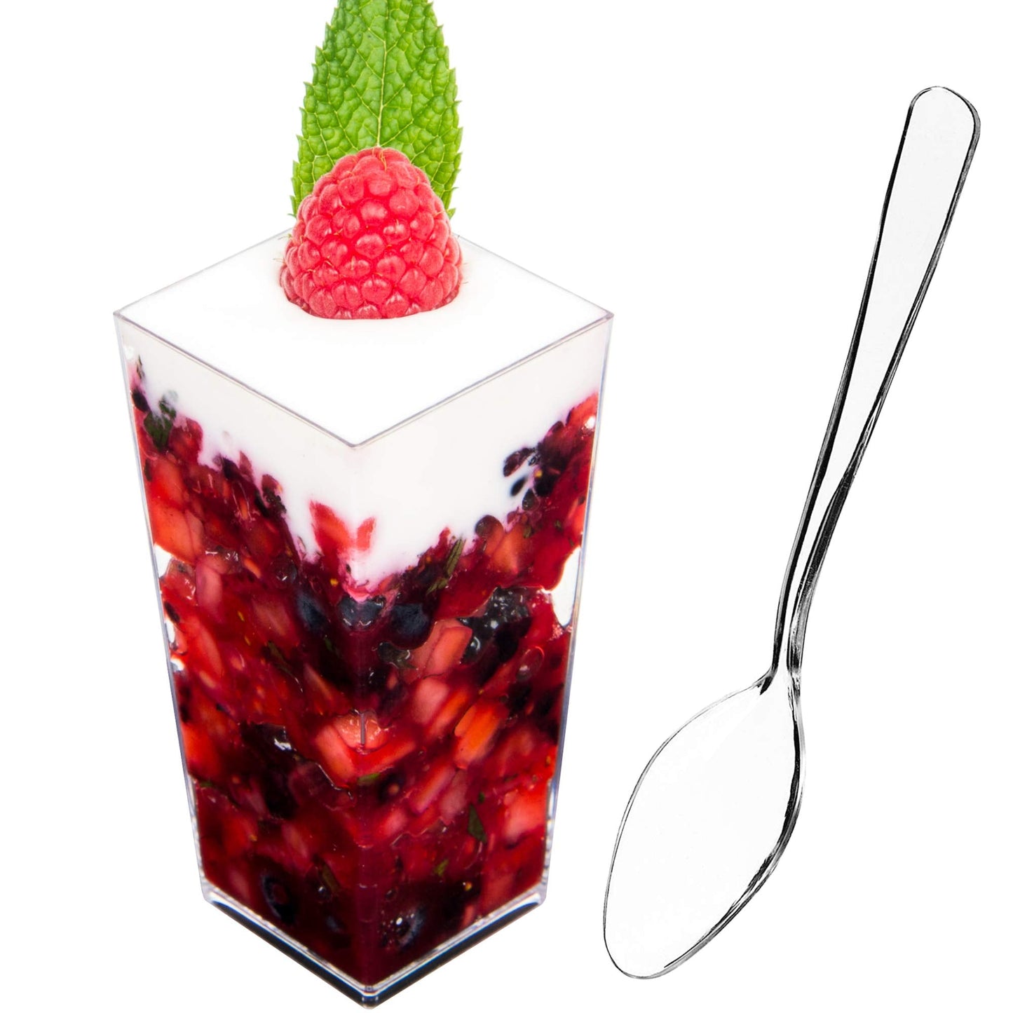 DLux 100 x 3 oz Mini Dessert Cups with Spoons, Square Tall - Clear Plastic Parfait Appetizer Cup - Small Reusable Serving Bowl for Party Desserts Appetizers - with Recipe Ebook