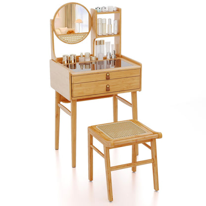 CHARMAID Small Bamboo Vanity Desk with Mirror and Stool, Glass Top Makeup Vanity Table with Storage Drawers, Shelves & Deep Tabletop Groove, Compact Dressing Table for Bedroom Small Spaces, 23.5" W