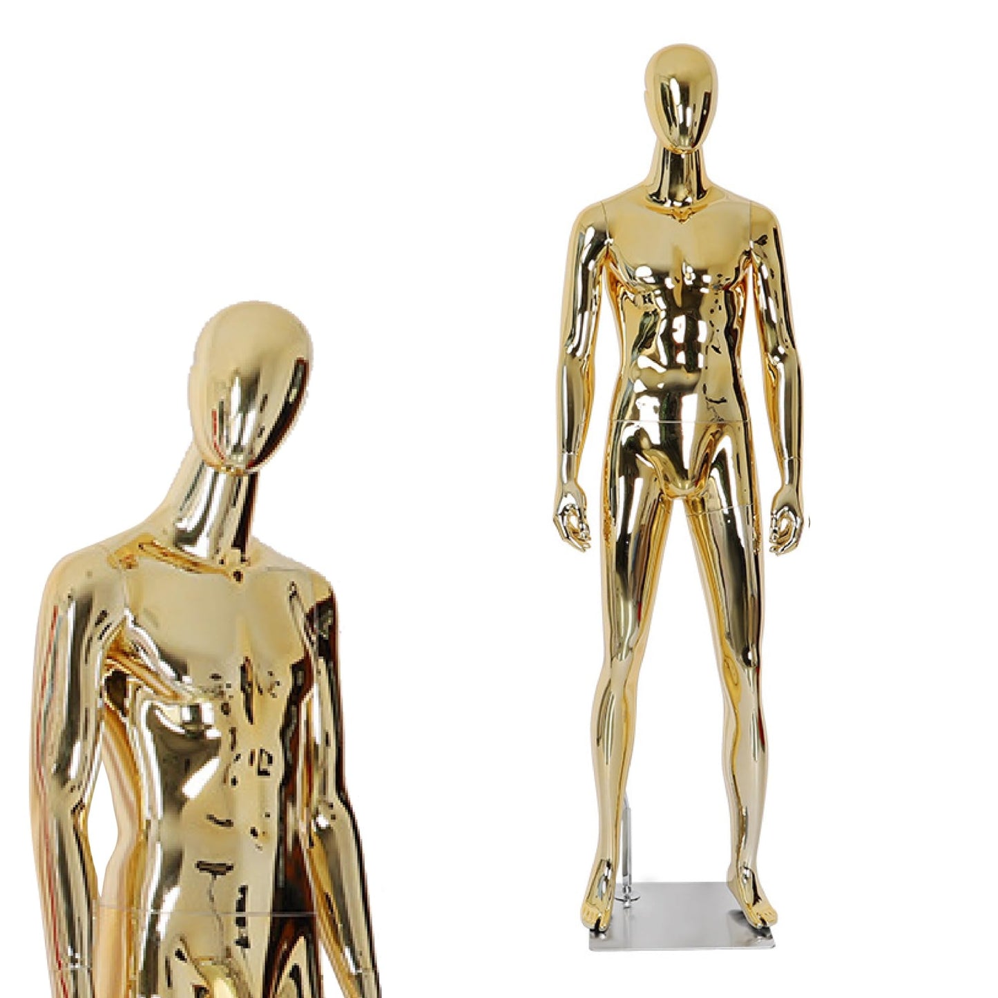 Full Body Male Mannequin with Chrome Metallic Finish, Fiberglass Abstract Dress Form with Posable Head, Futuristic Retail Display Dummy with Metal Base for Men's Fashion Window(Rose Gold)