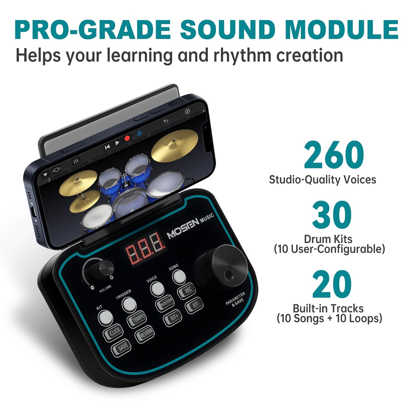MOSEN MED-X5 Electric Drum Set Mesh Drum Pads, Phone Holder, Sticks, Adjustable cymbals, Kick drum, Headphones, USB MIDI, 260+ Sounds and 30 Drum Kits for Beginner