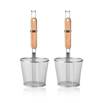 2 Pieces Pasta Strainer Basket Stainless Steel Fine mesh Pasta Strainer Basket with Wooden Handle Good For Boiling Food Spaghetti Dumpling (Dia 5.5inch/14cm)
