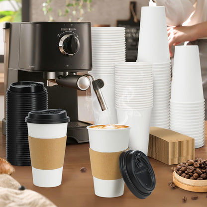 Lamosi 50 Pack 12 oz Disposable Coffee Cups with Lids and Sleeves, Leak-Proof To Go Coffee Cups with Lids, Hot/Cold Beverage White Drinking Cup for Home, Office, Parties, Travel