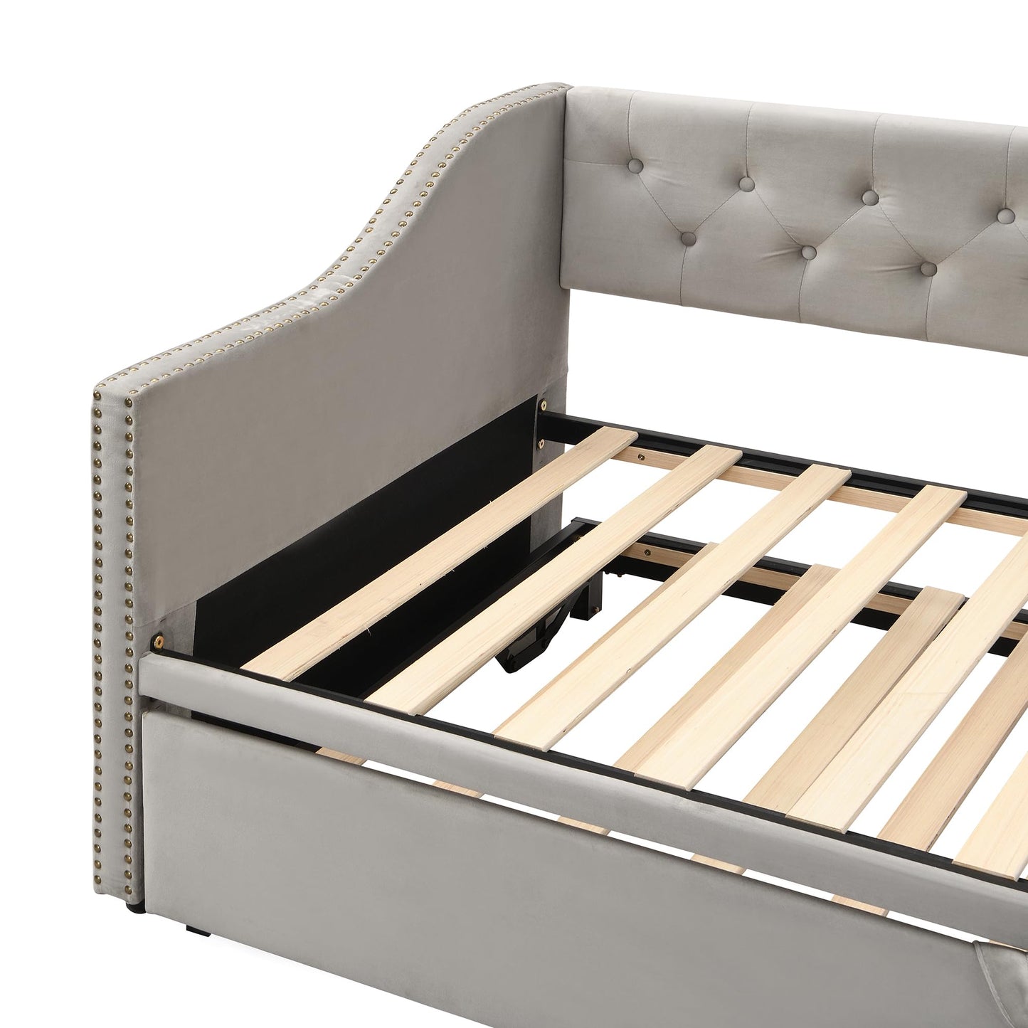 Twin Size Upholstered Daybed with Pop up Trundle,Velvet Day Bed Frame with Extendable Trundle,Twin to King Daybed,Tufted Sofa Bed for Bedroom,Living Room,Guest,Gray