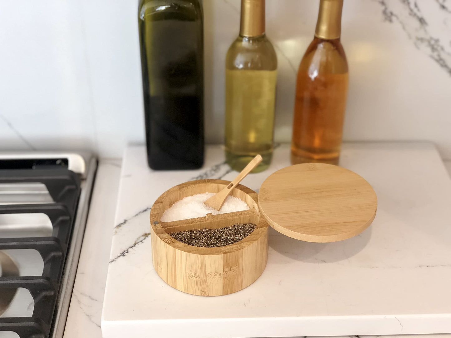 Bamboo Salt and Pepper Box - 2 Compartment - Built-in Serving Spoon - Swivel Lid with Magnet to Keep Dry, Dust-free - Salt Cellar Seasoning Container Holder Bowl- Divider with 7 Ounce Capacity
