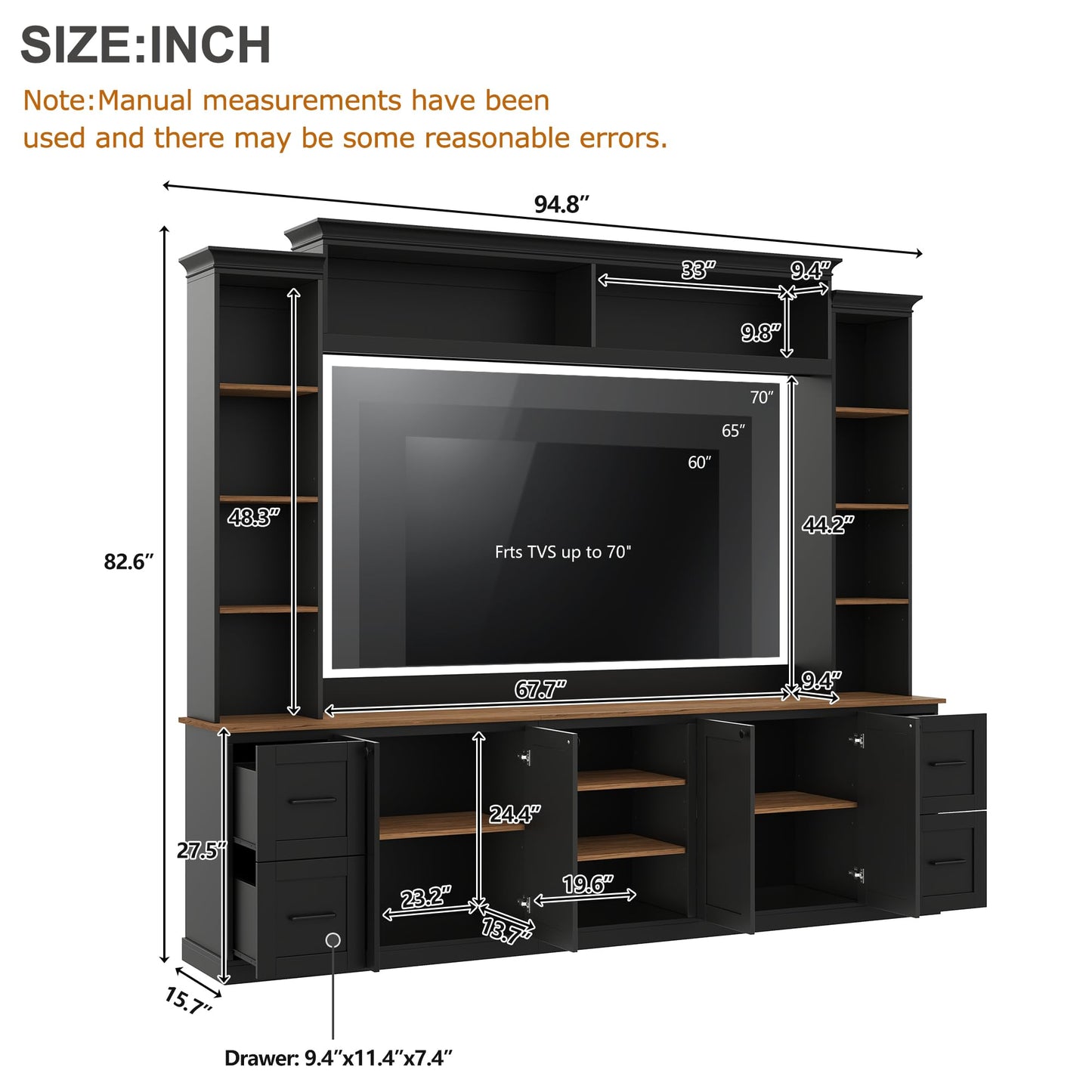 Ball & Cast 94.8" Entertainment Center Wall Unit with Bookshelf for TVs Up to 70",Farmhouse Large TV Stand with Walnut Adjustable Shelves,Retro Media Console with 4 Drawers for Living Room,Black