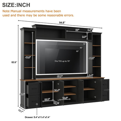 Ball & Cast 94.8" Entertainment Center Wall Unit with Bookshelf for TVs Up to 70",Farmhouse Large TV Stand with Walnut Adjustable Shelves,Retro Media Console with 4 Drawers for Living Room,Black
