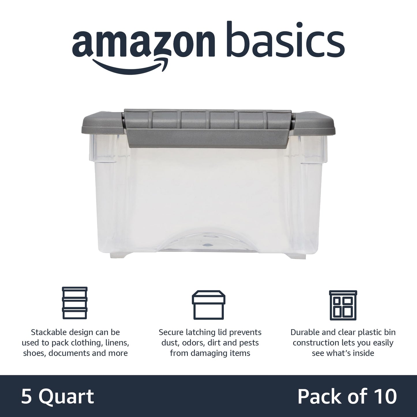 Amazon Basics Plastic Storage Containers with Secure Latching Lids, Stackable Organization Bins for Organizing, Clear/Grey, 5 Quart, Set of 10