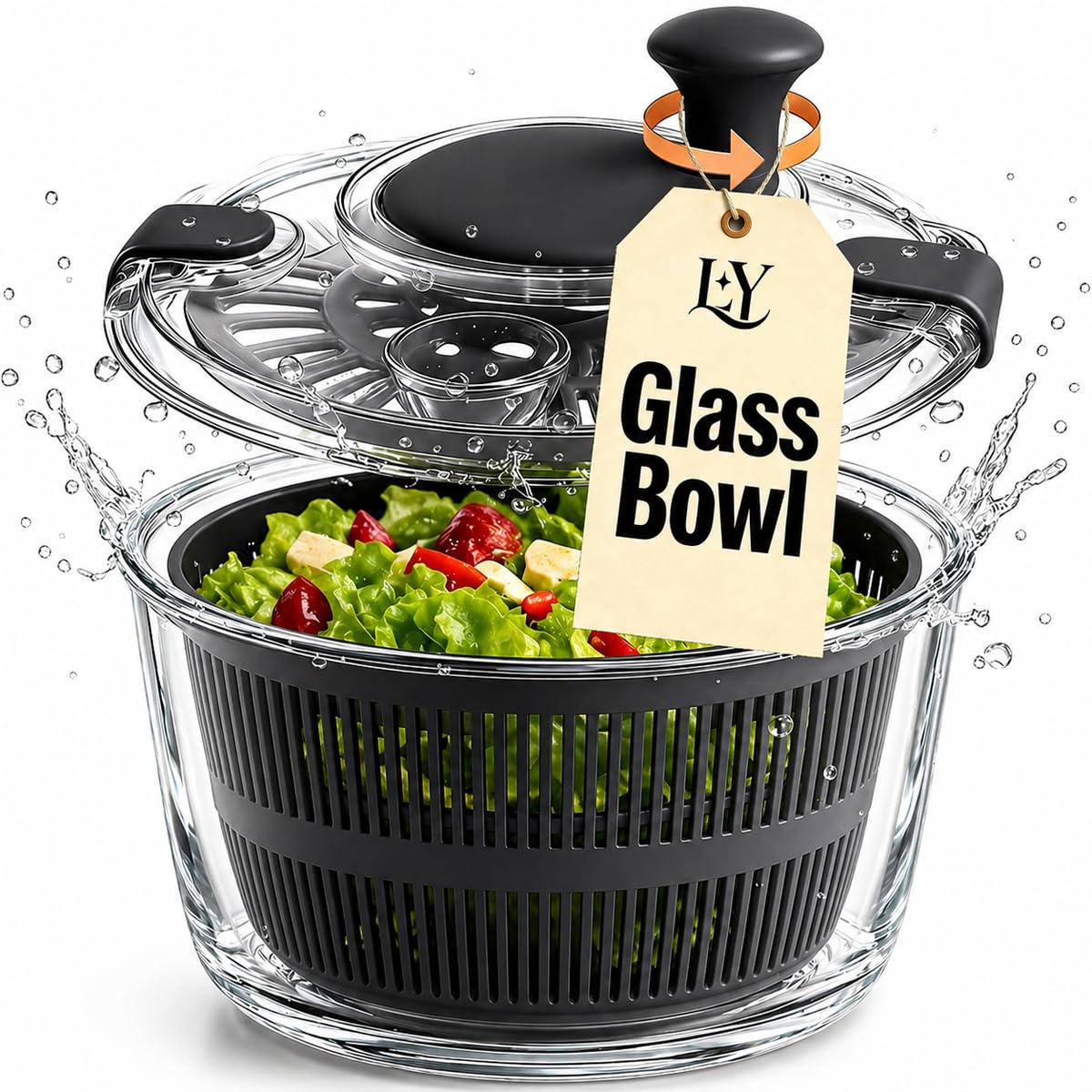 LYTYCJD Large 5.2 Qt Glass Salad Spinner Vegetable Dryer with Drain Microwave Safe Dishwasher Safe with Transparent Lid Crank Handle Quick Spin Greens Washer for Lettuce Herbs Fruits (black)