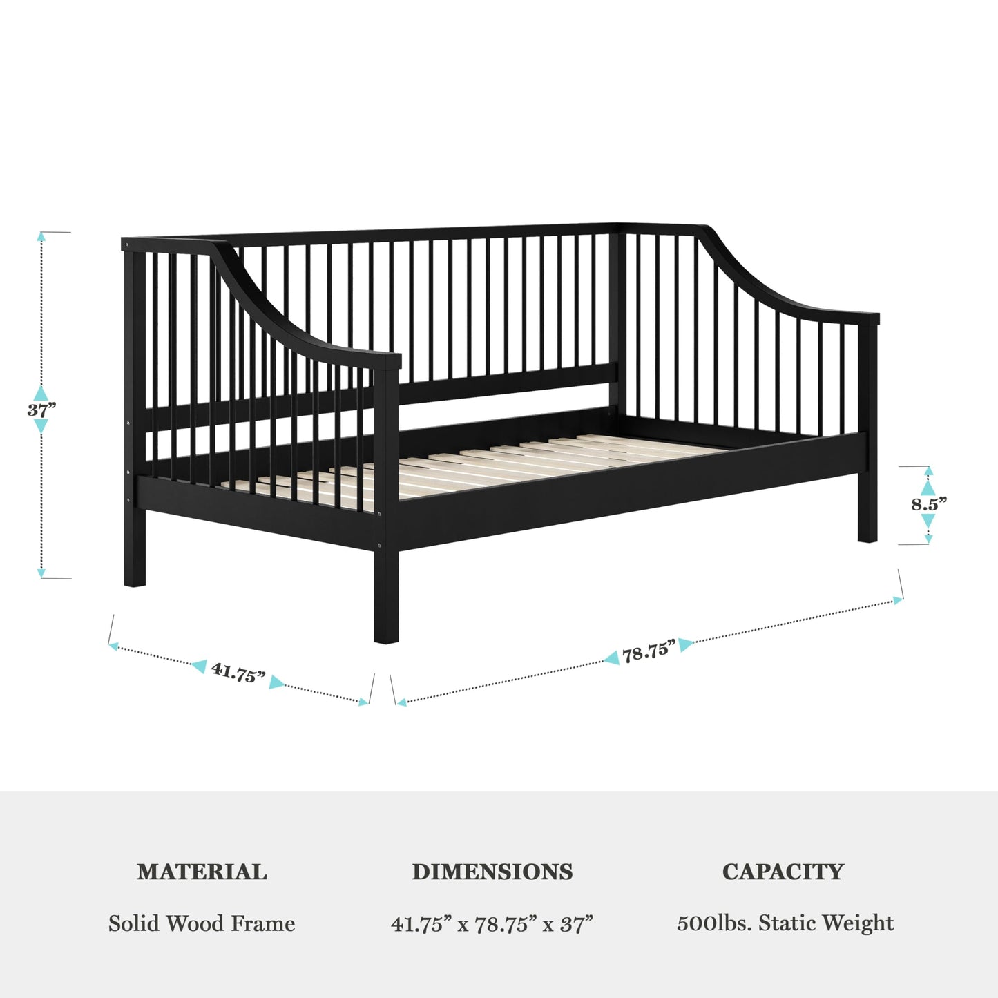 Martha Stewart Neely Platform Daybed with Wood Spindles, Solid Wood Frame, No Box Spring Needed, Twin Size, Black