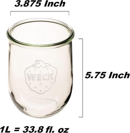 Weck Tulip Jar, 1 Liter Sour Dough Starter Jar with Glass Lid, Rubber Seal, and Steel Clips