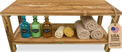 EcoDecors Teak Shower Bench with Large Storage Shelf 36", 300 lb Capacity – Waterproof Bathroom Seat with Non-Slip Feet, Elegant Natural Teak Finish, Ideal for Adults, Seniors, & Spa-Style Bathrooms