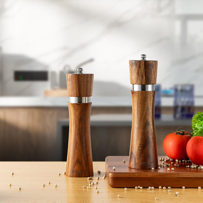 Pepper Grinder,Wood Salt and Pepper Grinder Mills Sets, Acacia Wood Manual Salt Grinder Refillable Pepper Mill Sets with Adjustable Ceramic Grinding Rotor - 8 Inch-Set of 2