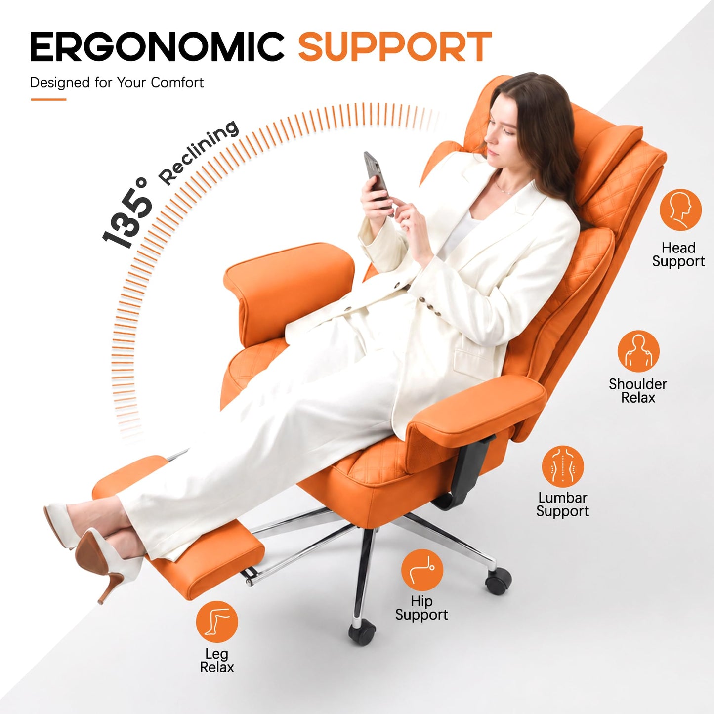 Office Desk Chair, High-Back Big and Tall Leather Chair with Footrest, Ergonomic Reclining Computer Chairs, Comfy Executive Wide Chair with Lumbar Support, Adjustable Padded Armrests, 400LBS (Organge)