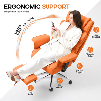 Office Desk Chair, High-Back Big and Tall Leather Chair with Footrest, Ergonomic Reclining Computer Chairs, Comfy Executive Wide Chair with Lumbar Support, Adjustable Padded Armrests, 400LBS (Organge)