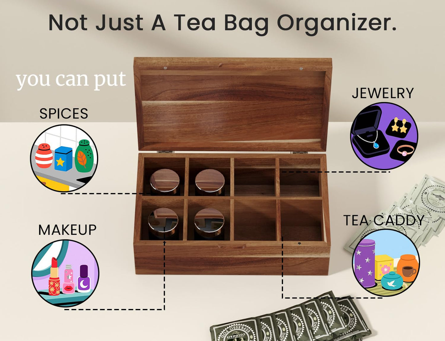 Danfoxer Acacia Wood Tea Bag Organizers, Tea and Sugar Packet Storage Chest with Lid, Wooden Teabag Holder Containers,Tea Box with 8 Compartments