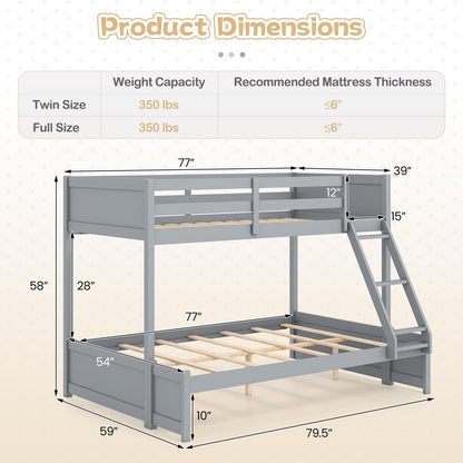 KOMFOTT Twin Over Full Bunk Bed, Pine Bed Frame with 3-Step Ladder, Full-Length Guardrails & 21 Wooden Support Slats, Solid Wood Bunk Bed for Teens, Kids, Adults, Dorms and Apartments (Grey)