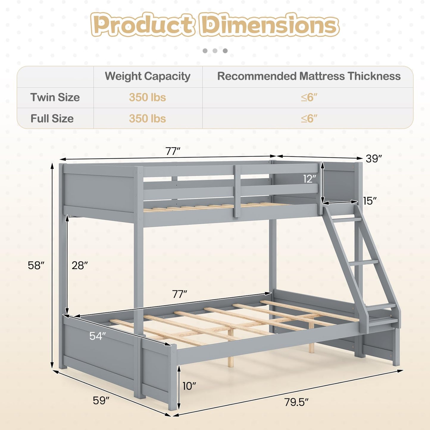 Giantex Twin Over Fulll Bunk Bed, Wood Bunk Bed with Full-Length Guardrails, Ladder, Under-Bed Storage Space for Dormitory, Bedroom, Apartment, Two Bed Frame with Slats for Teens, Kids, Adults, Grey